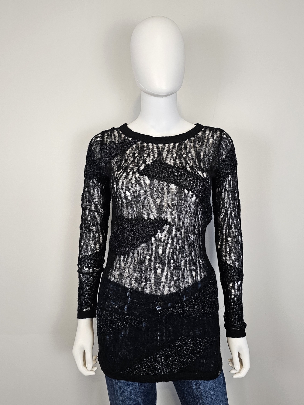 Armani Exchange Black Sheer Open-Knit Long Sleeve Top Sz S